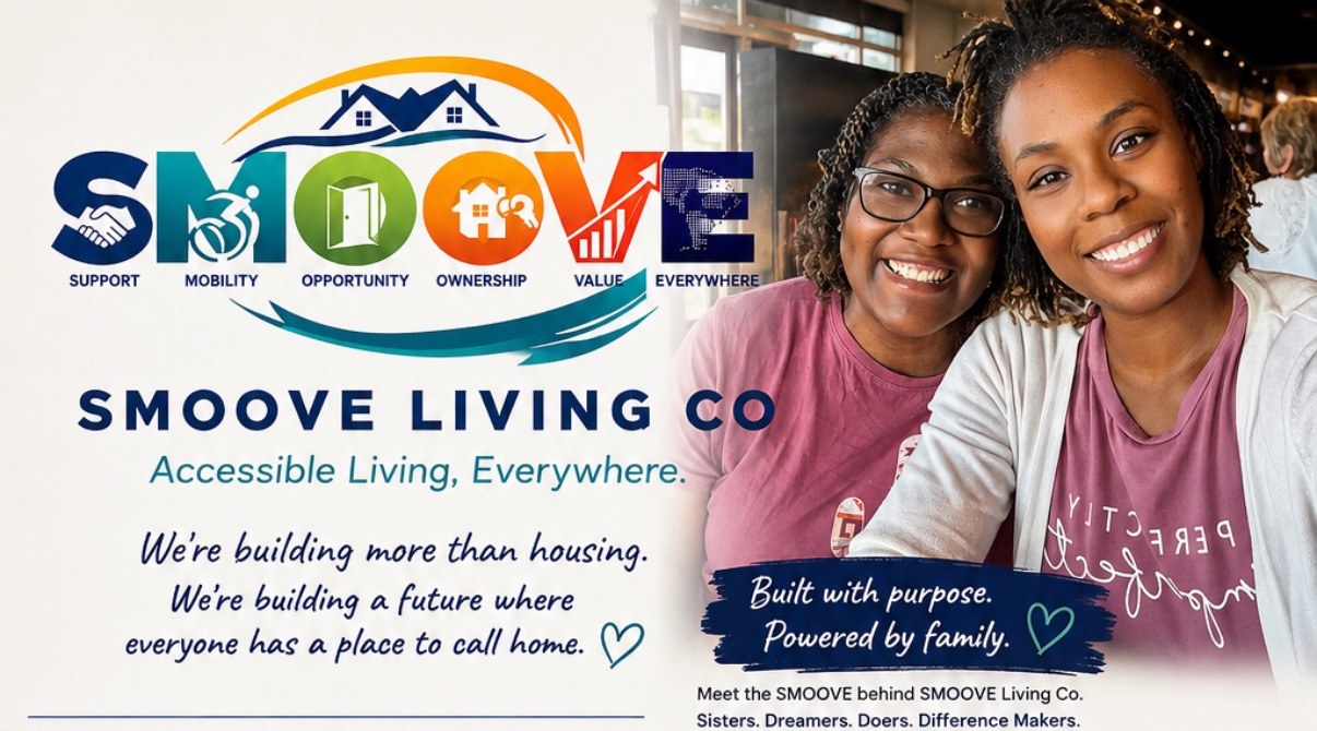 Ashlee and her sister, the co-founders of SMOOVE Living Co. Caption reads: Built with purpose. Powered by family. Meet the SMOOVE behind SMOOVE Living Co. Sisters. Dreamers. Doers. Difference Makers.