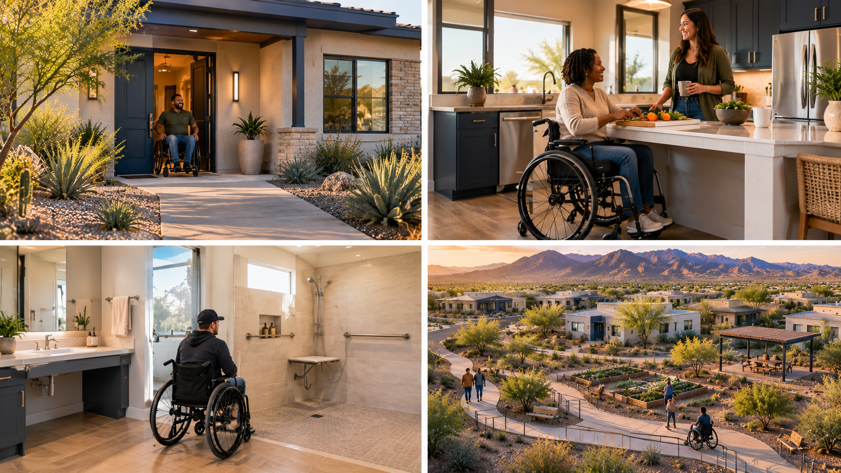 Residents in wheelchairs at home in accessible SMOOVE spaces — entry, kitchen, bathroom, and community.