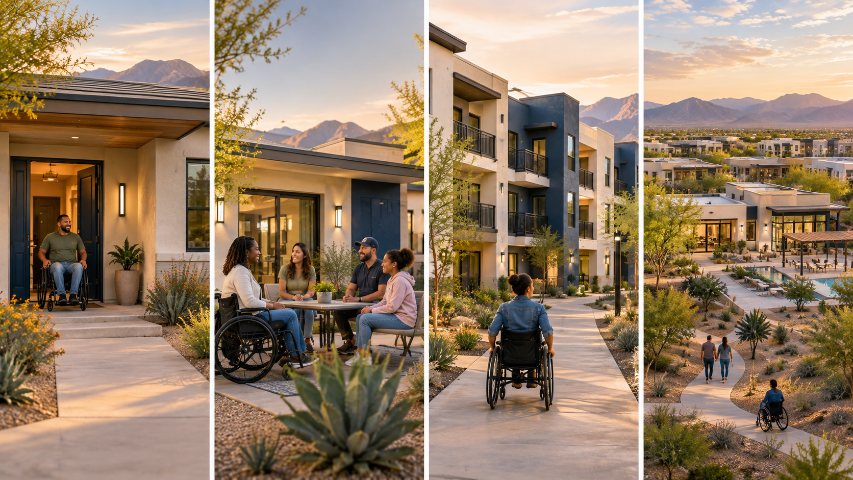 Concept renderings of accessible SMOOVE homes, community gathering spaces, and multifamily buildings.