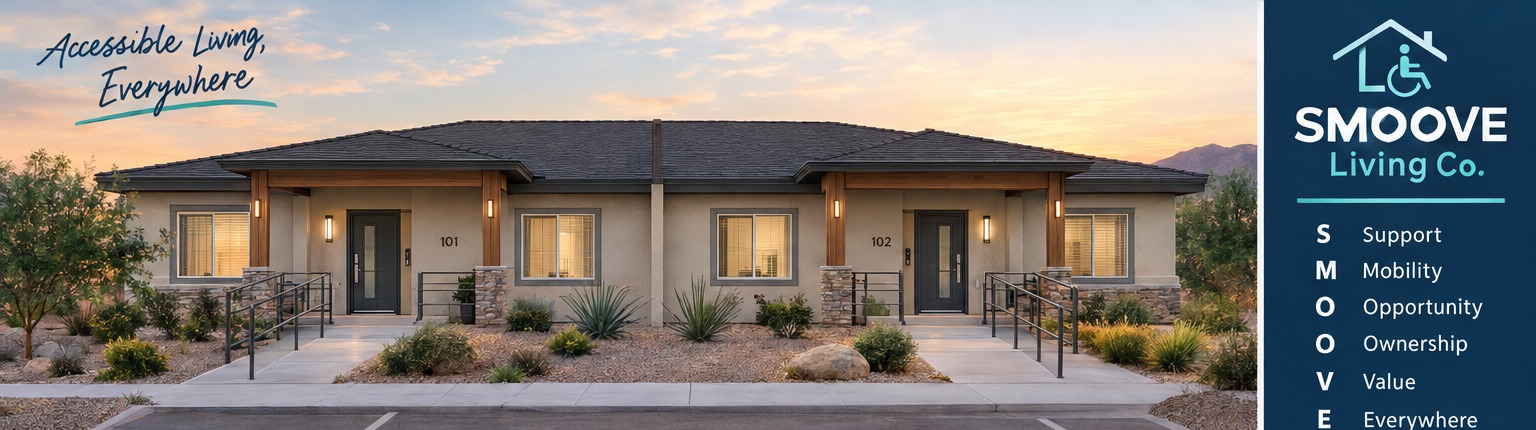 Exterior rendering of a SMOOVE accessible duplex — modern desert architecture with dual entries, ramps, and stone accents.